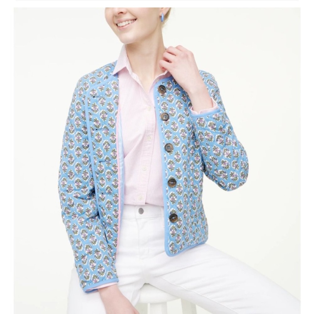 J. Crew Block-Print Quilted Jacket Quiet Harbor Bright Pep Floral Print Blue 8